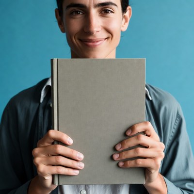 Young man holding blank book