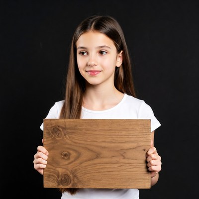 Girl holding blank wooden sign