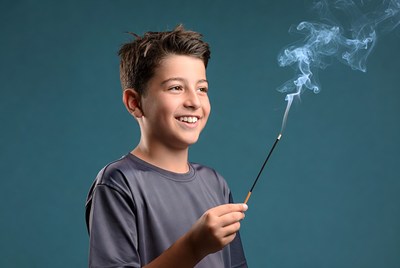 Boy holding lit incense stick