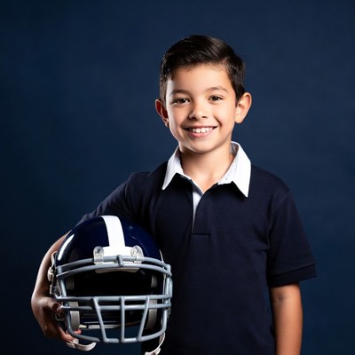 Boy holding football helmet