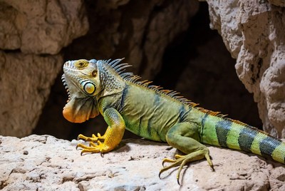 Green iguana in rocky cave