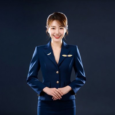 Asian flight attendant in navy uniform
