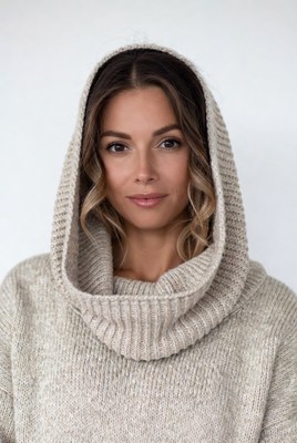 Woman in beige hooded sweater