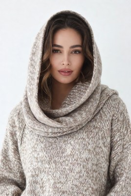 Woman in knitted hood sweater