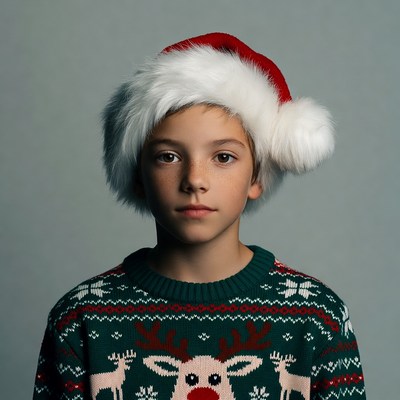 Boy wearing Santa hat and reindeer sweater