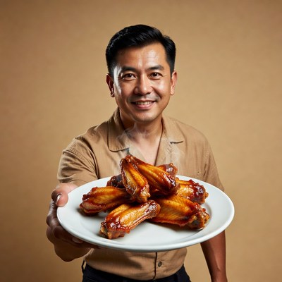 Asian man holding chicken wings