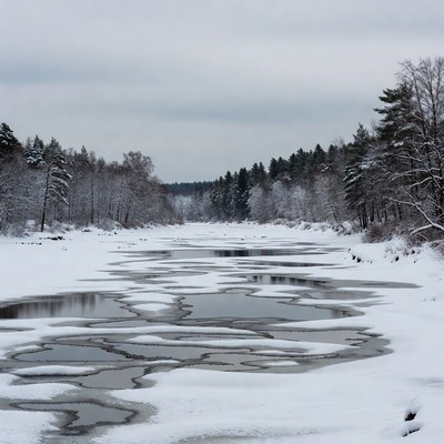Frozen River in Snowy Forest