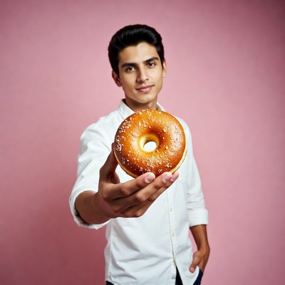 Young man holding bagel