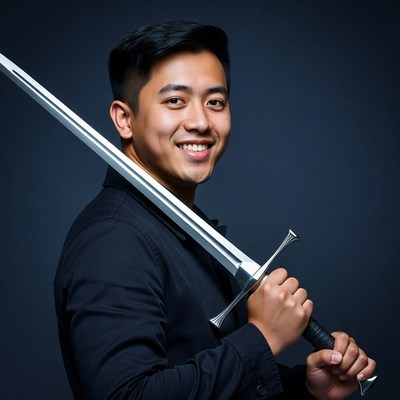 Asian man holding sword