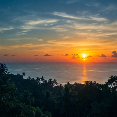 Tropical Sunset Over Ocean and Palm Trees