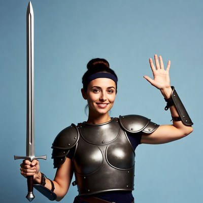 Woman in armor waving with sword