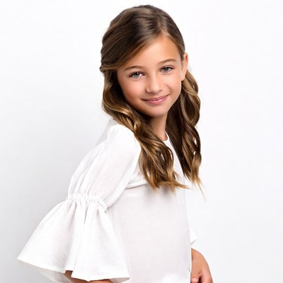 Smiling girl in white bell sleeve dress