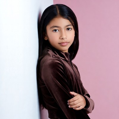 Asian girl leaning against wall