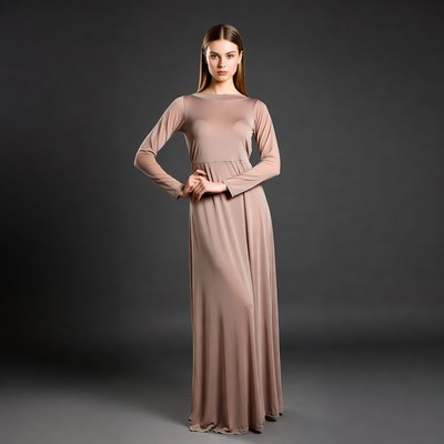 Woman in sheer beige long dress