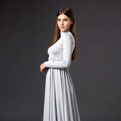Woman in gray turtleneck dress