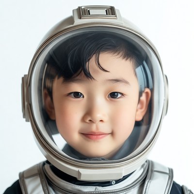 Asian boy in astronaut helmet