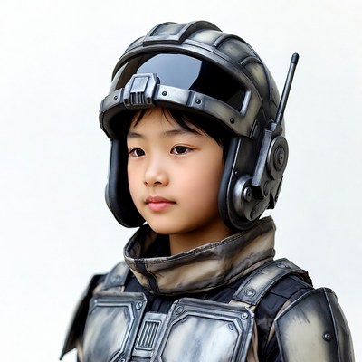 Asian girl in futuristic helmet armor