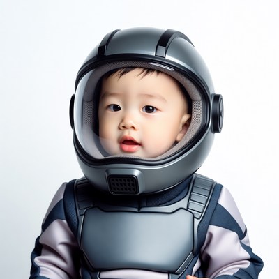 Asian baby boy in astronaut helmet