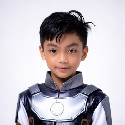 Asian boy in futuristic armor costume