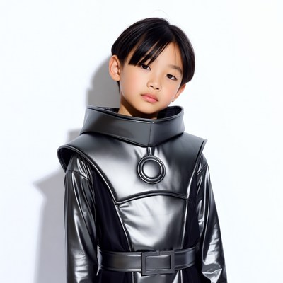 Asian boy in silver spacesuit costume