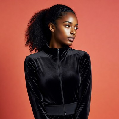 African-American woman in black velvet tracksuit