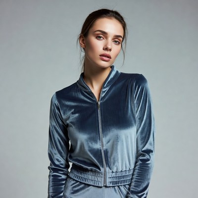 Woman in Blue Velvet Tracksuit