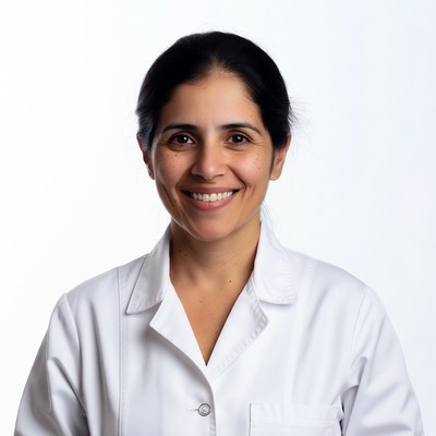 Indian woman in white lab coat