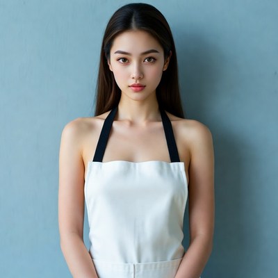 Asian woman wearing white apron