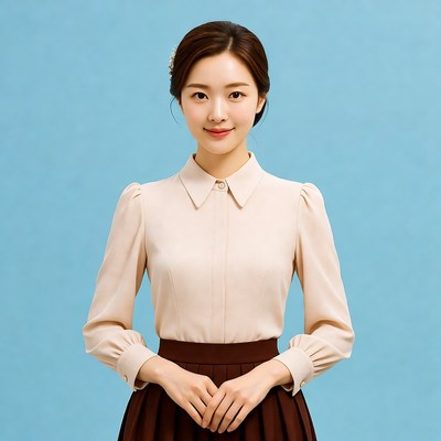 Asian woman in beige blouse skirt