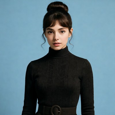 Woman with bun hairstyle in black turtleneck