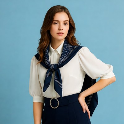 Woman in white blouse with navy scarf