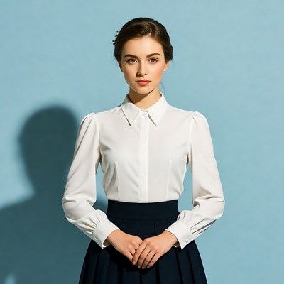 Young woman in white blouse navy skirt