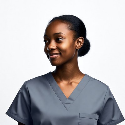 African-American woman in scrubs smiling