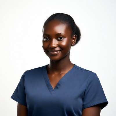 Smiling African-American woman in navy scrubs
