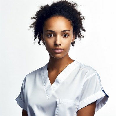African-American woman in white scrubs