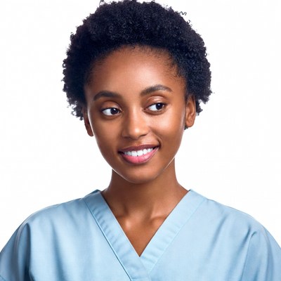 African-American woman in blue scrubs