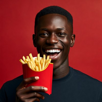 African-American man eating french fries