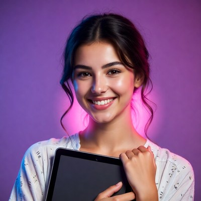 Smiling woman holding tablet