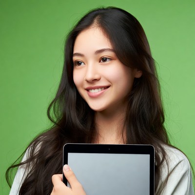 Asian woman holding tablet