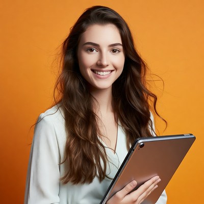 Smiling woman holding tablet
