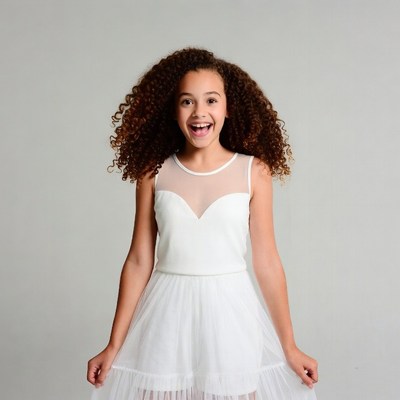 Smiling girl in white tulle dress