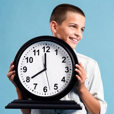 Boy holding large clock