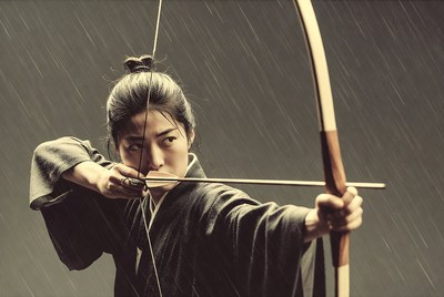 Samurai drawing bow and arrow