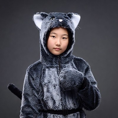 Asian girl in gray cat costume