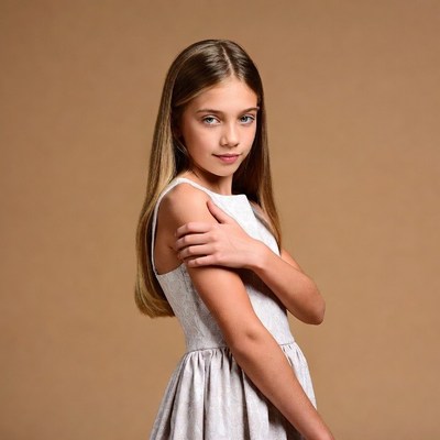 Young girl in gray dress posing