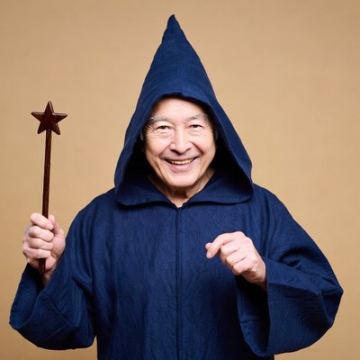 Elderly Asian wizard holding magic wand