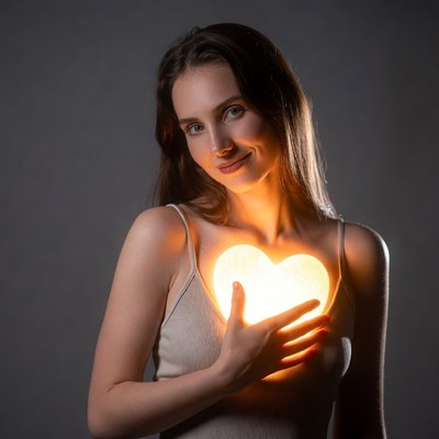 Woman holding glowing heart