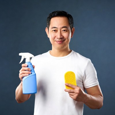 Asian man holding spray bottle sponge