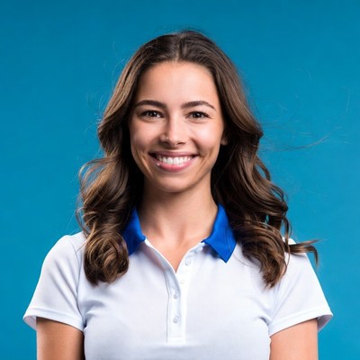 Smiling woman in white polo shirt
