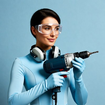 Woman holding drill with safety gear